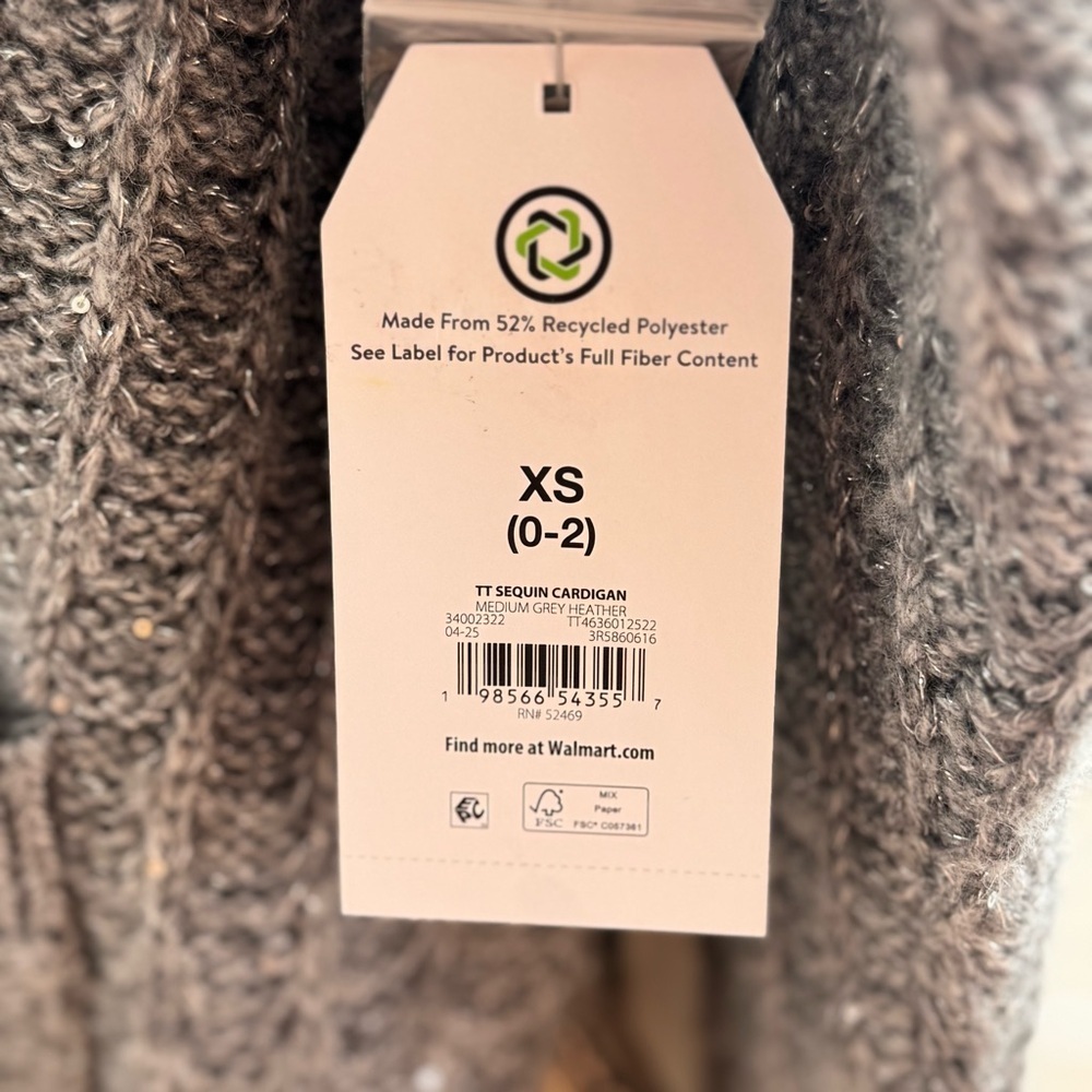 Time and Tru Women's XS Gray Heather Sequin Button Front Pocket Cardigan Sweater - Picture 11 of 13